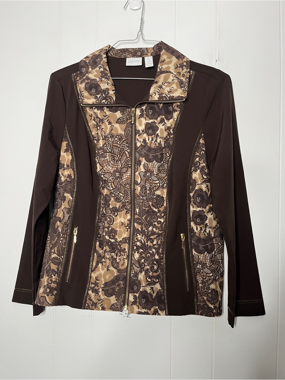 Zenergy by Chico's Women’s Brown Floral Panel Zip-Front Jacket Size 3 (L)